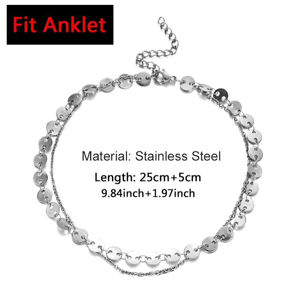 Bracelet de cheville, chaîne à paillettes, en acier inoxydable, deux niveaux, pour le pied, Yoga, pour la plage, breloque, bijoux: 30CM-Silver