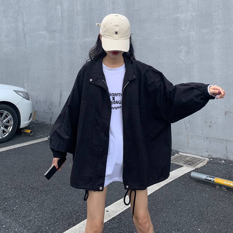 Women Basic Jackets Solid Drawstrings Oversize Thin Harajuku Ulzzang Plus Size 2XL Leisure Streetwear Chic Jacket Zipper Outwear: black / XXL