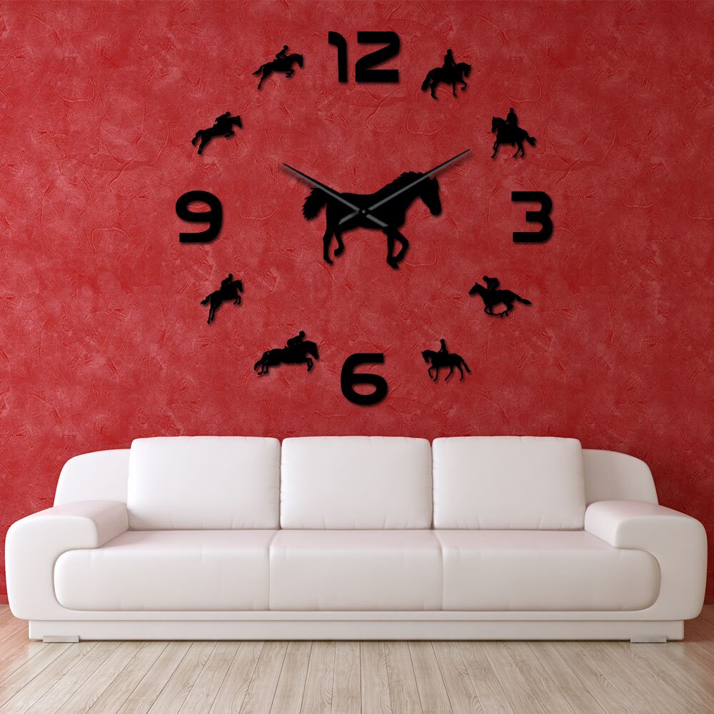 Reit Quarz Uhr Batterie Betrieben Selbst Klebe DIY 3D Wanduhr Reiten Große Nadeln Spiegel Effekt Hause Dekor