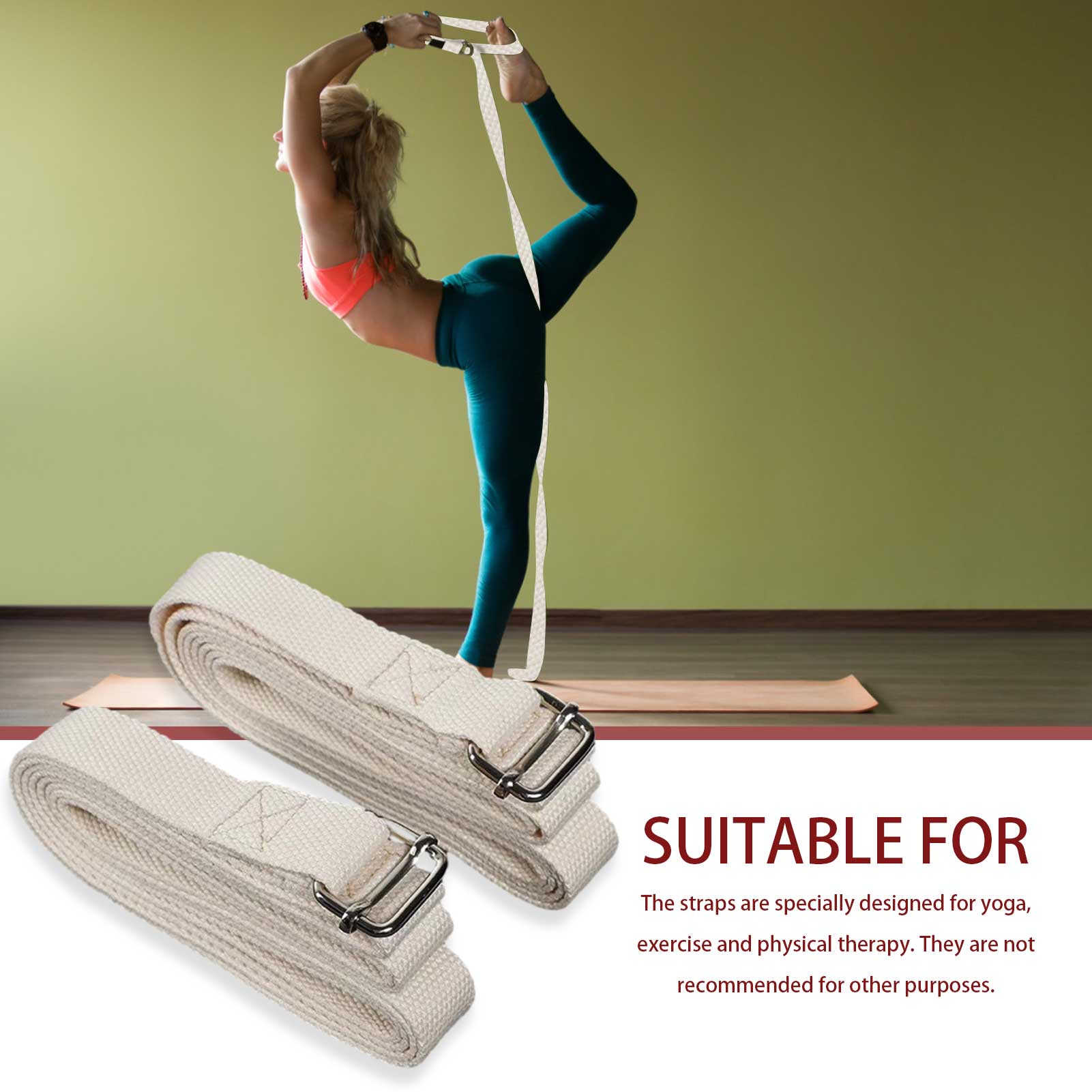 Ceinture de Yoga en coton pur Durable, 1.83m x 2.5cm, bande élastique à boucle réglable pour les épaules ouvertes, bande de résistance extensible