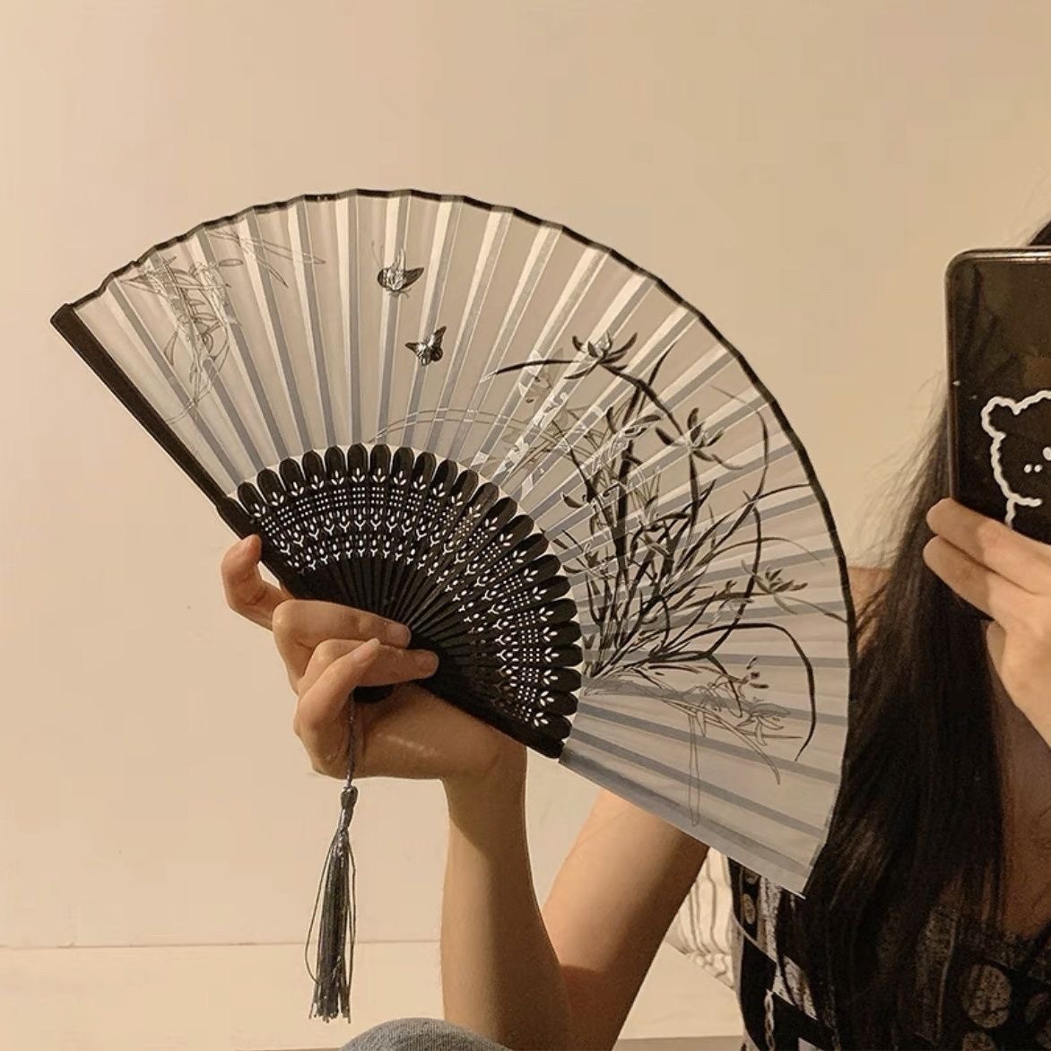 Chinese Style Black Folding Fan Hanfu Qipao Matching Home Decoration Photography Manual Cooling Bamboo Beautiful Men Women's Fan