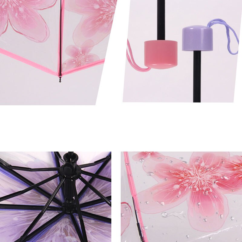 Yesello Transparent Clear Folding Umbrella Peach Blossom Women Rain Umbrella