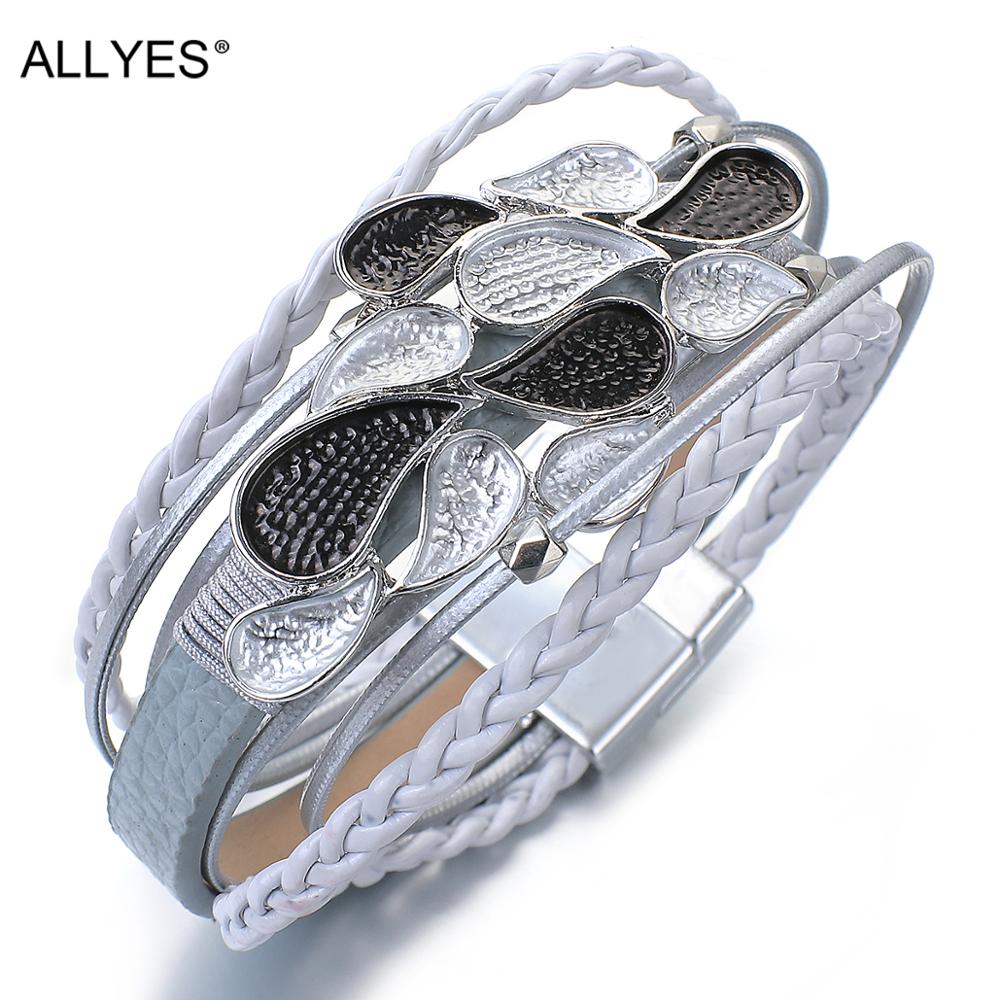 ALLYES Enamel Metal Waterdrop Magatama Charm Leather Bracelets for Women Bohemian Multilayer Braided Bracelet Unisex Jewelry