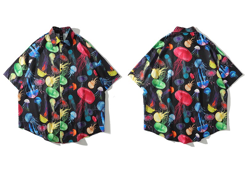 Lenstid mænd hip hop hawaiisk skjorte farverige vandmænd print harajuku streetwear strand skjorte sommer korte ærmer overdimensionerede skjorter: Sort / Overdimensioneret m