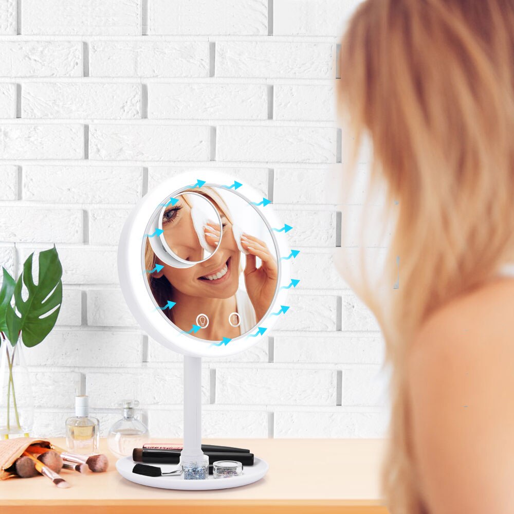 Led Vanity Spiegels Met Koelventilator Tafel Make-Up Spiegel Desktop 10x Vergroting Usb Led Cosmetische Spiegel Met Opbergvak