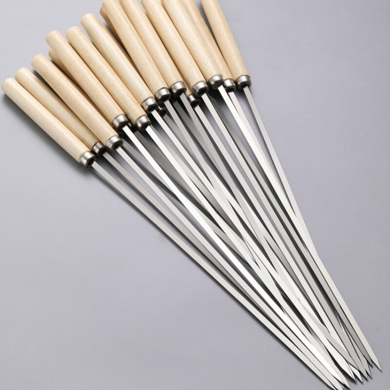 Wooden handle anti-scalding barbecue skewers can be reused 304 stainless steel metal barbecue skewers wide skewers