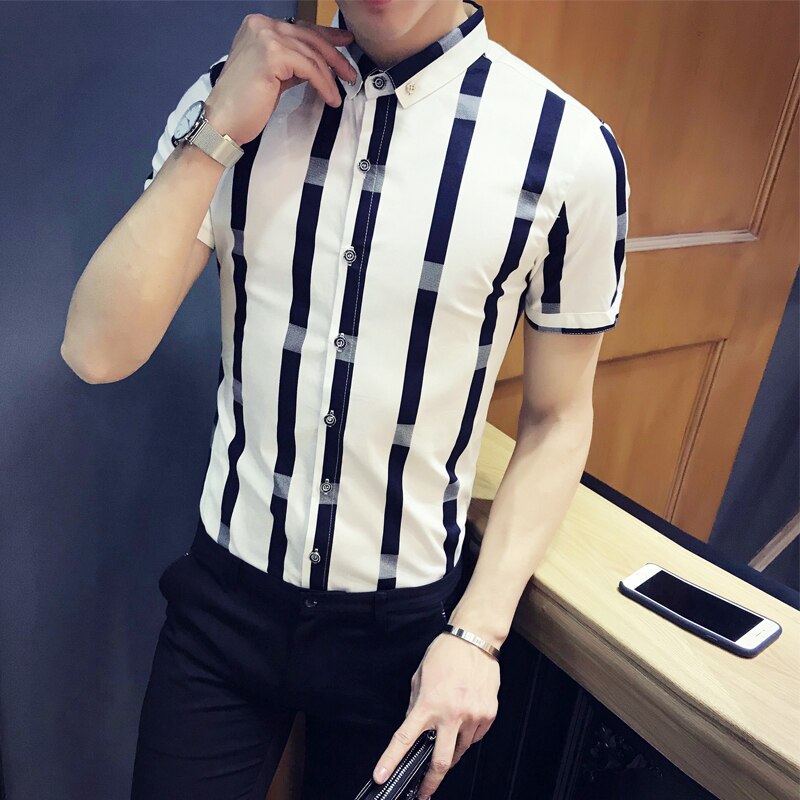 Mønster stribe skjorte mænd sommer mænd kortærmet slim fit skjorte mænd camisa masculina social formel skjorte mænd marineblå