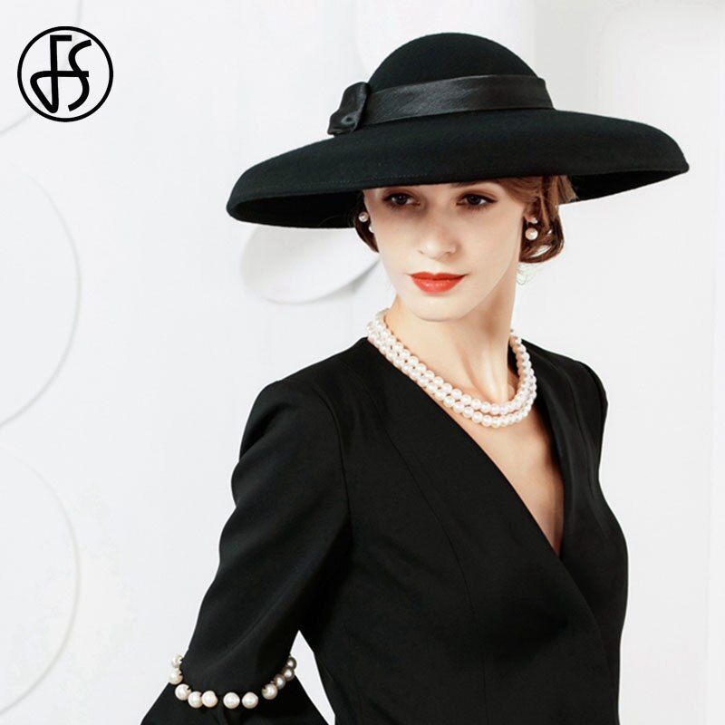 Fs fedora hoeden dames grote rand zwarte wollen hoed winter vilt kerkhoed voor bruiloft bolhoed cloche hoeden derby sombrero vrouw