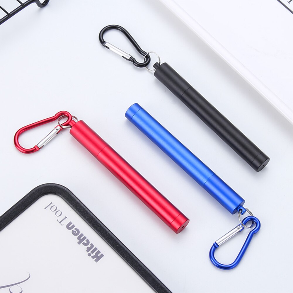 Roestvrij Staal Vouwen Stro Telescopische Rietje Pen Shaped Case Carabiner Herbruikbare Metalen Stro Reizen Picknick Drinkware