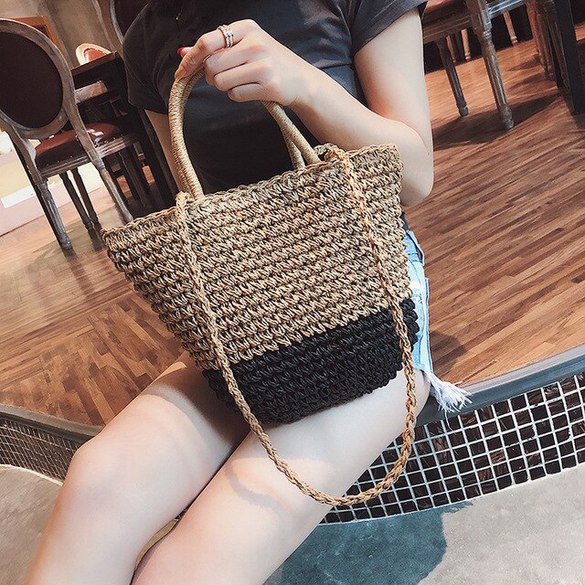 Literarischen stroh gewebte tasche, schulter tasche, handtasche, Dual-benutzen-weiblichen beutel, Strand gewebt stroh tasche, bowknot