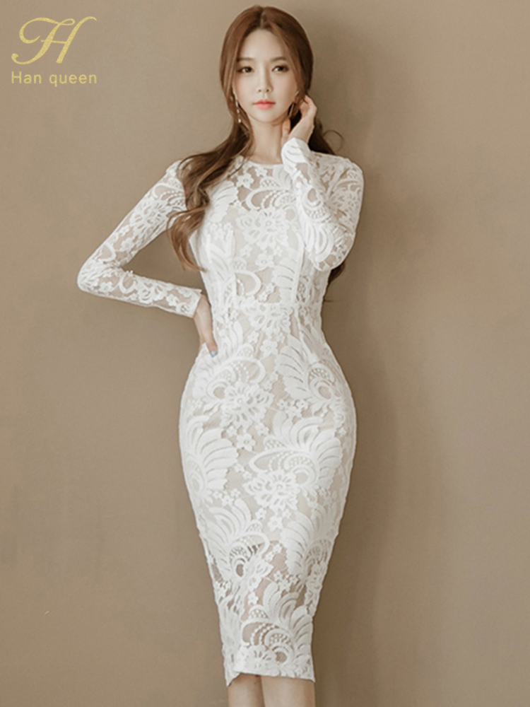 Han queen blonde blyantkjole kvinder hule ud sheath bodycon kjoler hvid mid-layer slim ol arbejde fest vestidos