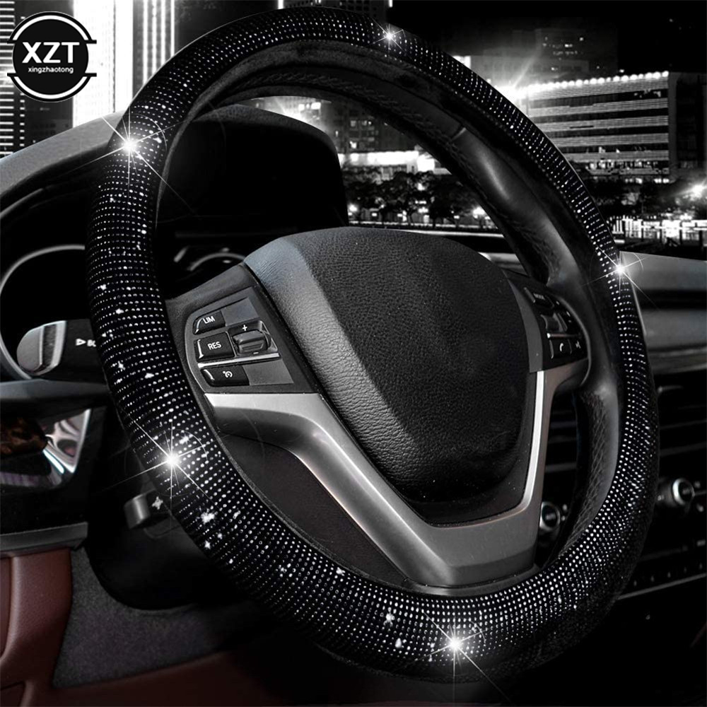 14.5-15 Inch Rhinestones Steering Wheel Cover with Crystal Diamond Sparkling Car Breathable Anti-Slip Steering Wheel Protector