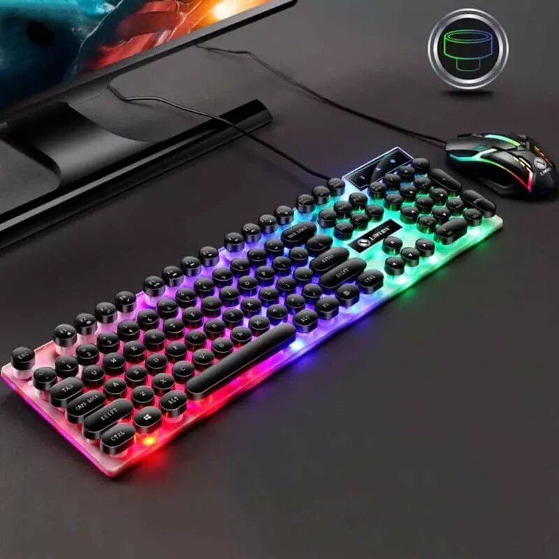 Juego de teclado y ratón para juegos con cable USB, Mouse retroiluminado con luces LED de colores del arcoíris, para el hogar y la Oficina: Round key black