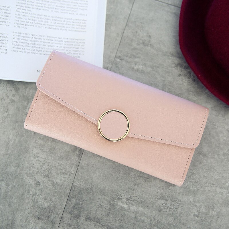 Wallet Leather Women Wallet Long Pu Leather Purse Zipper Metal Circle Decor Wallets Female Hasp Coin Purse Clutch Black: Long-Pink