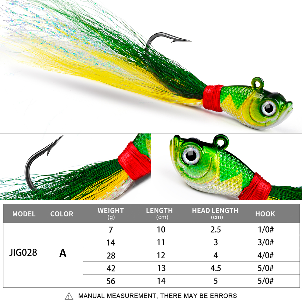 PROBEORS 1 cebo duro de Metal con plumas, 5 colores 7g 14g 28g 42g 56g anzuelos con cabeza de anzuelo para cebo blando, aparejos de pesca al aire libre: 11 / Verde