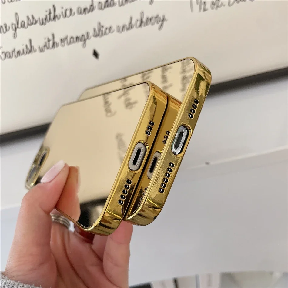 Funda de teléfono lisa con espejo dorado y plateado chapado brillante de lujo para iPhone 16 15 14 13 12 11 Pro Max 15 14 16 Plus