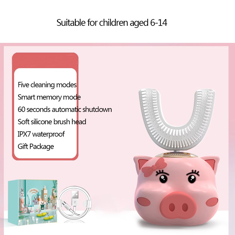 U Shape Smart 360 Angle Cartoon Teeth Cleaner Electric Toothbrush for Kids 2-6Y Teether Automatic Ultrasonic Teether Waterproof: pink pig 6-14 years
