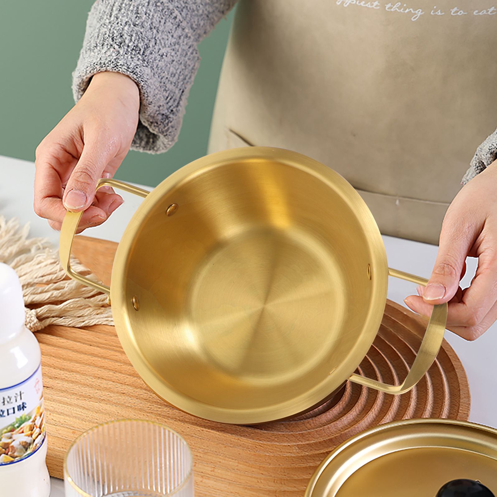 1 Set Chic Gold Soup Kitchen Stainless Steel Pot Double-handle Soup Pot Instant Noodles Pot Kitchen Cooking Tools cookware set