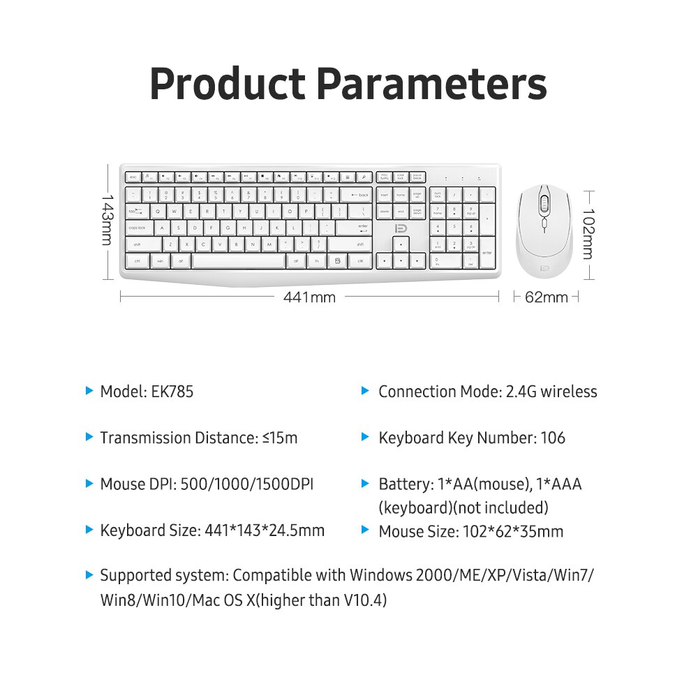 FUDE EK785 2.4G Wireless Keyboard Mouse Combo Portable Keyboard and Mouse Set Plug&amp;Play Wide Compatibility for Office Game White