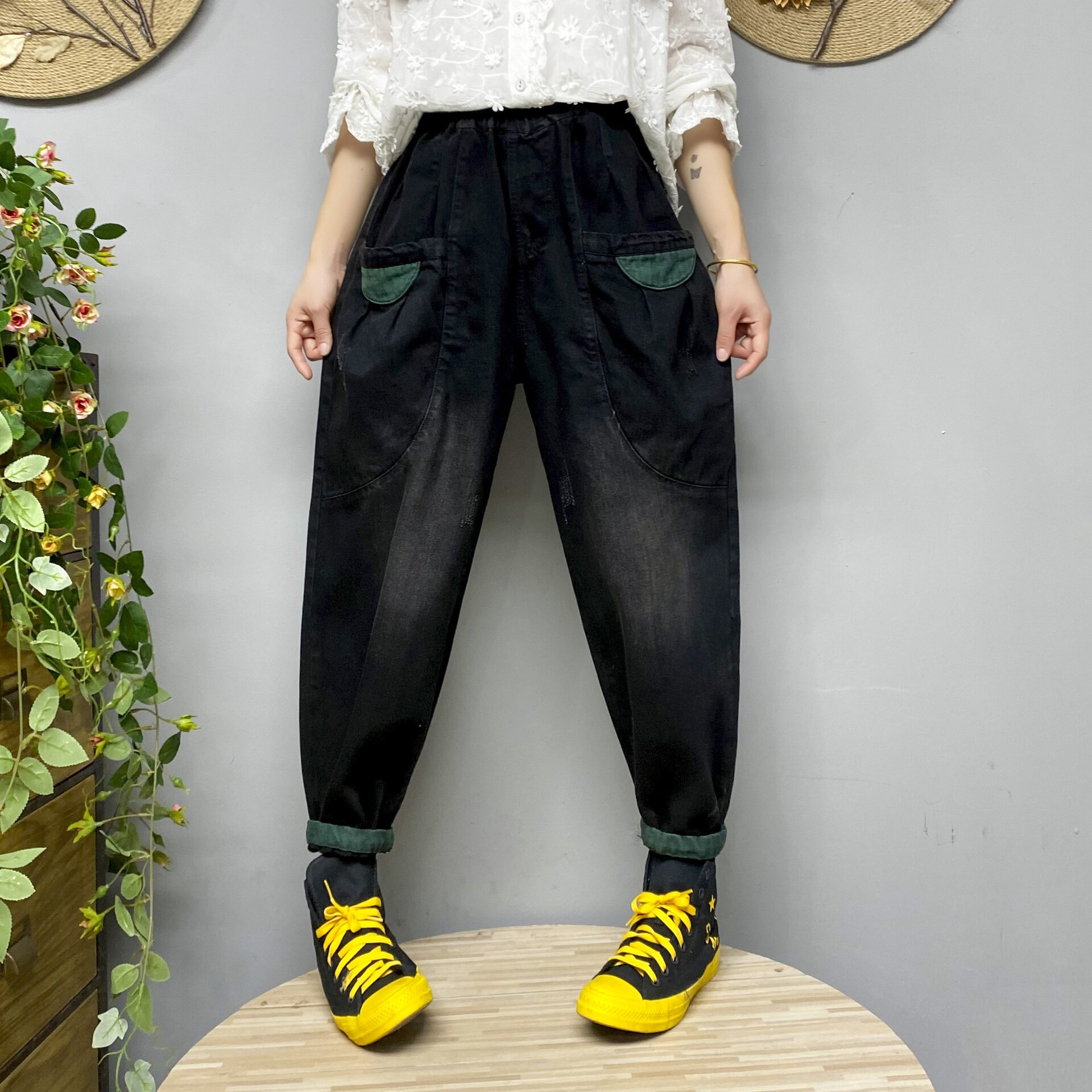 Ropa de otoño e invierno para mujer, pantalones vaqueros holgados informales con cintura elástica, Color de contraste lavado que se pega a la ropa, longitud Claf: Black / M