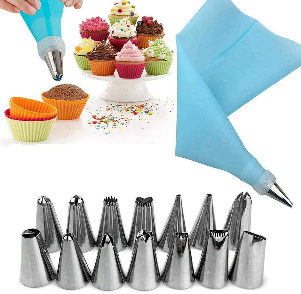 16 Pcs/Set Cake Making Tools Decorating Tip Sets Frosting Nozzles + Pastry Bags + Converter Coupler Cupcake Decorating Tools: Blue