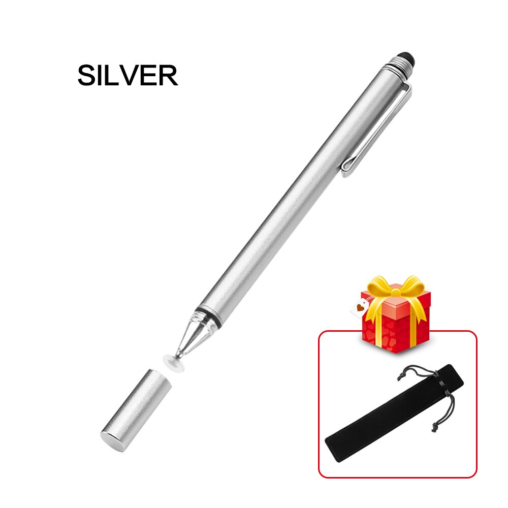 2 In 1 Stylus For Smartphone Tablet Thick Thin Drawing Capacitive Pencil Universal Android Mobile Screen Metal Note Touch Pen: Silver with Hook