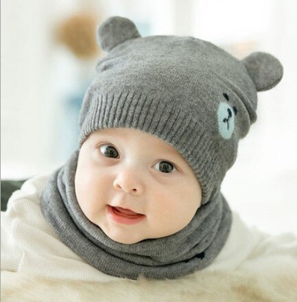 2 -delad nyfödd höstvintermössa haklapp baby söt björn baby print stereoörat stickad hatt småbarn barnullskeps för barn: Grå