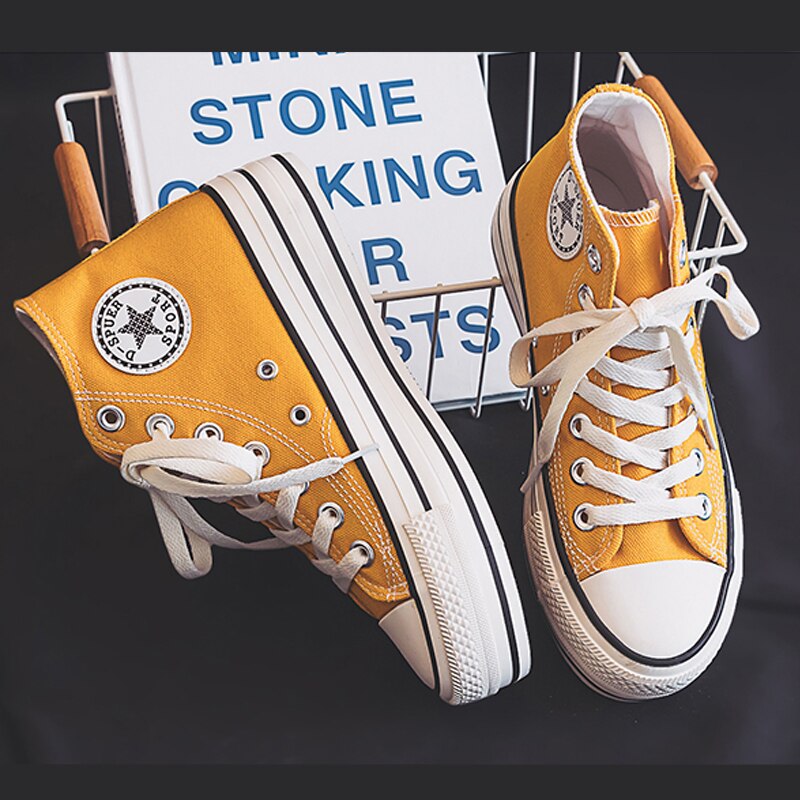 Zapatos de lona a la para mujer, zapatillas con plataforma, cómodas, transpirables, de fondo grueso, vulcanizados: YELLOW / 38