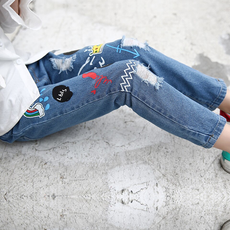 Pantalones vaqueros con estampado de dibujos animados para niña, pantalón vaquero con agujeros para niño de 3, 4, 6, 8, 10, 12 y 14 años, primavera, verano y otoño,