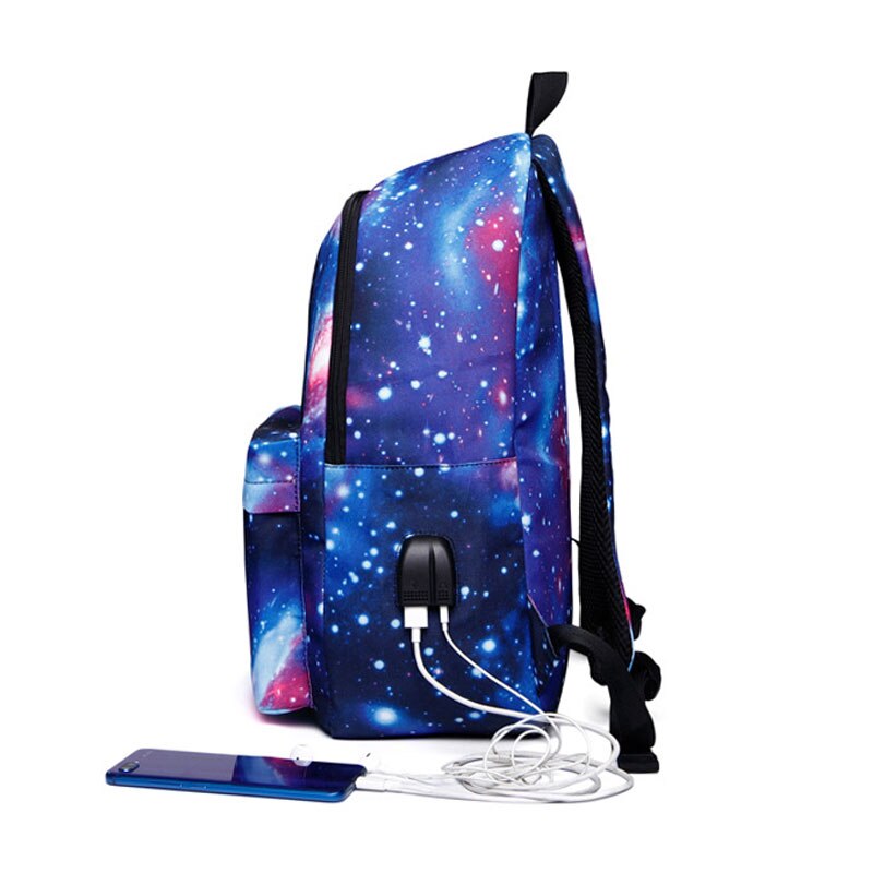 Menn lerret skole laptop ryggsekk galaxy star universe space usb lading for tenåringer gutter student jenter vesker reise mochila