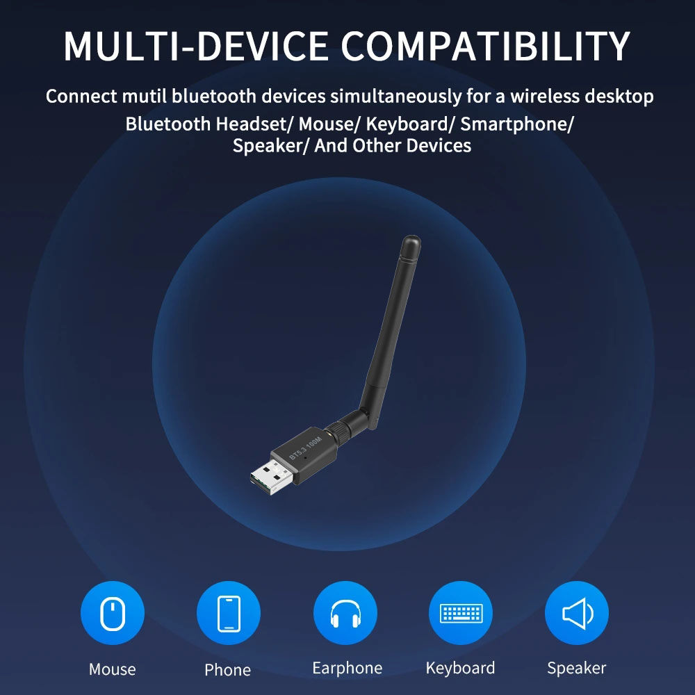100M Bluetooth 5.3 Adapter Free Driver USB Bluetooth Dongle Adaptador for PC Windows 11/10 Mouse Keyboard Audio Receiver