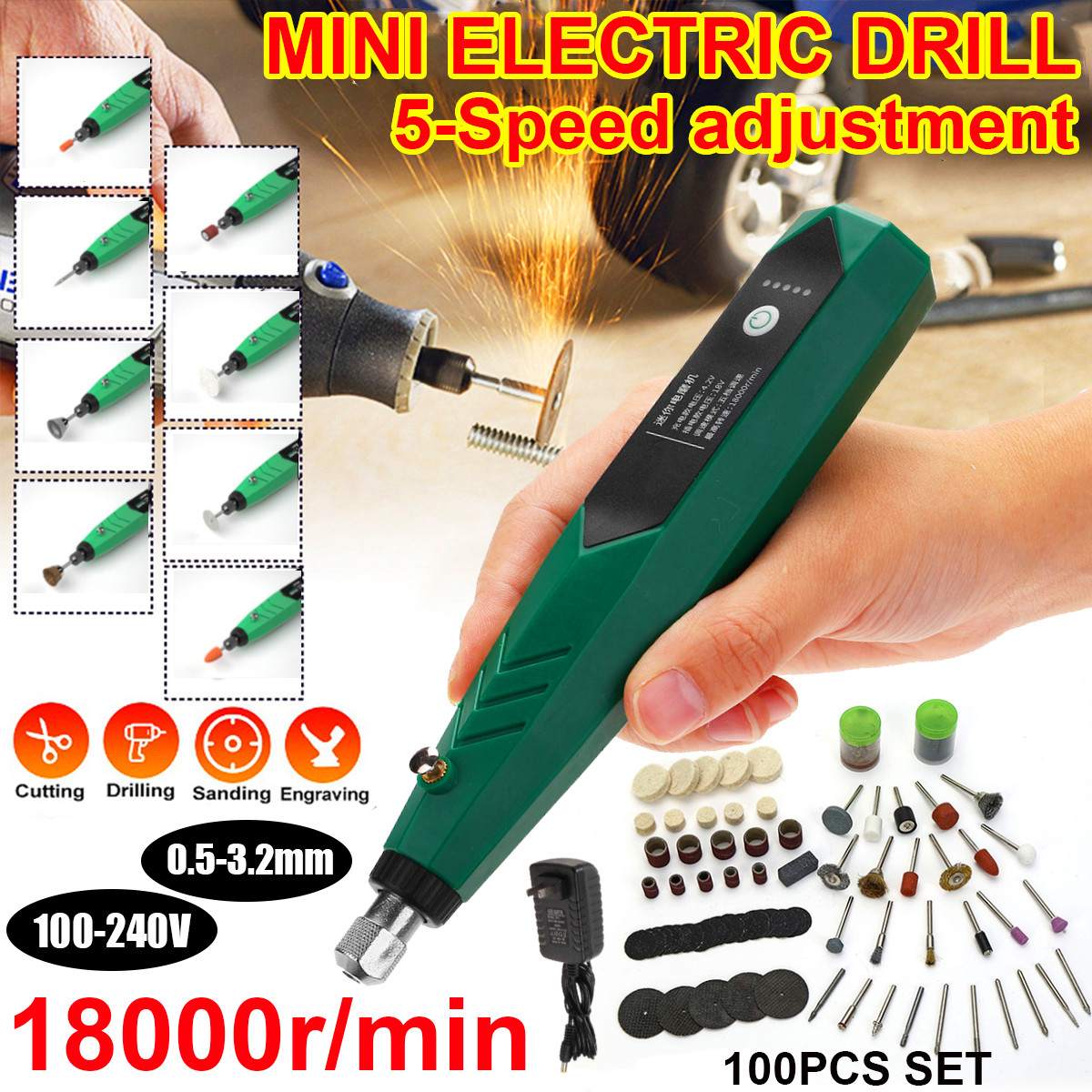 18000 tpm roterende gereedschap houtbewerking graveerpen 147 stuks set 5 snelheden diy voor sieraden metaal glas mini elektrische boor met boortje: Set van 100 stuks
