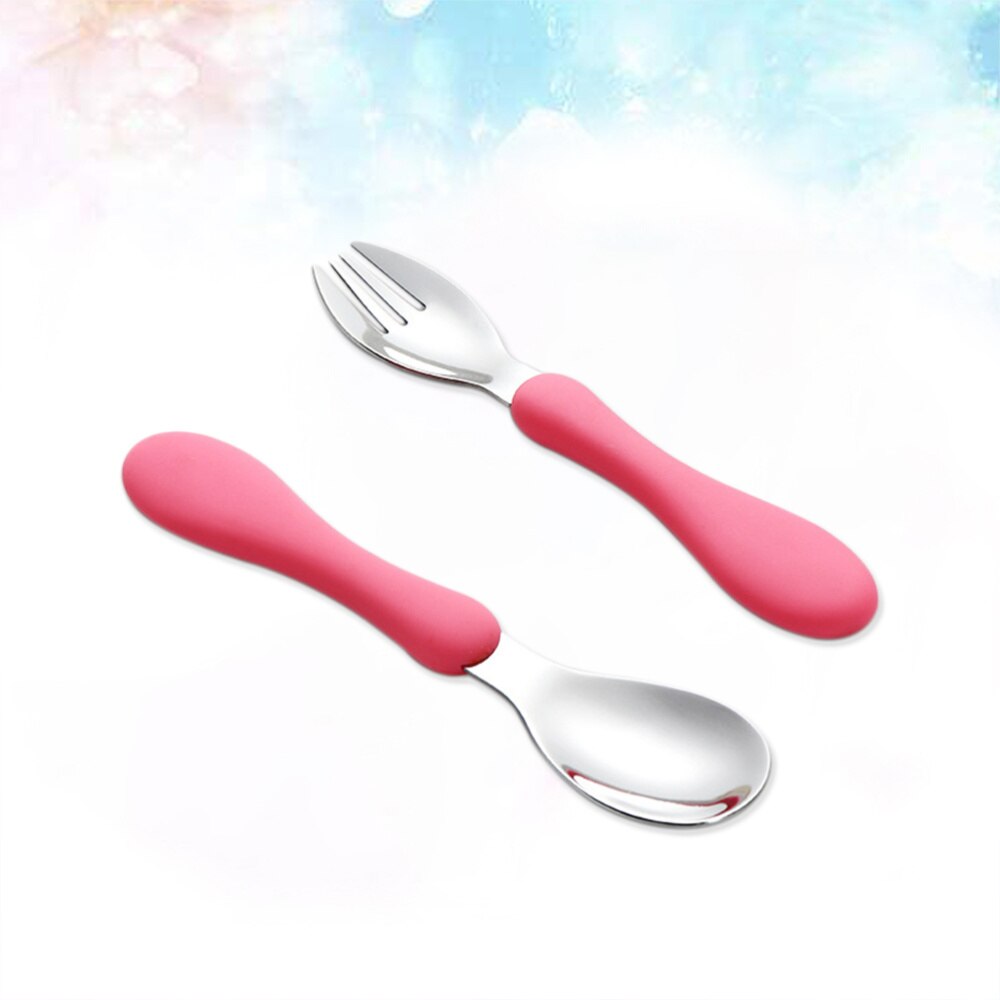 Children Spoon Portable Silicone Handle Stainless Steel Fork Safety Baby Feeding Spoon Eating Training Spork Kids Tableware(