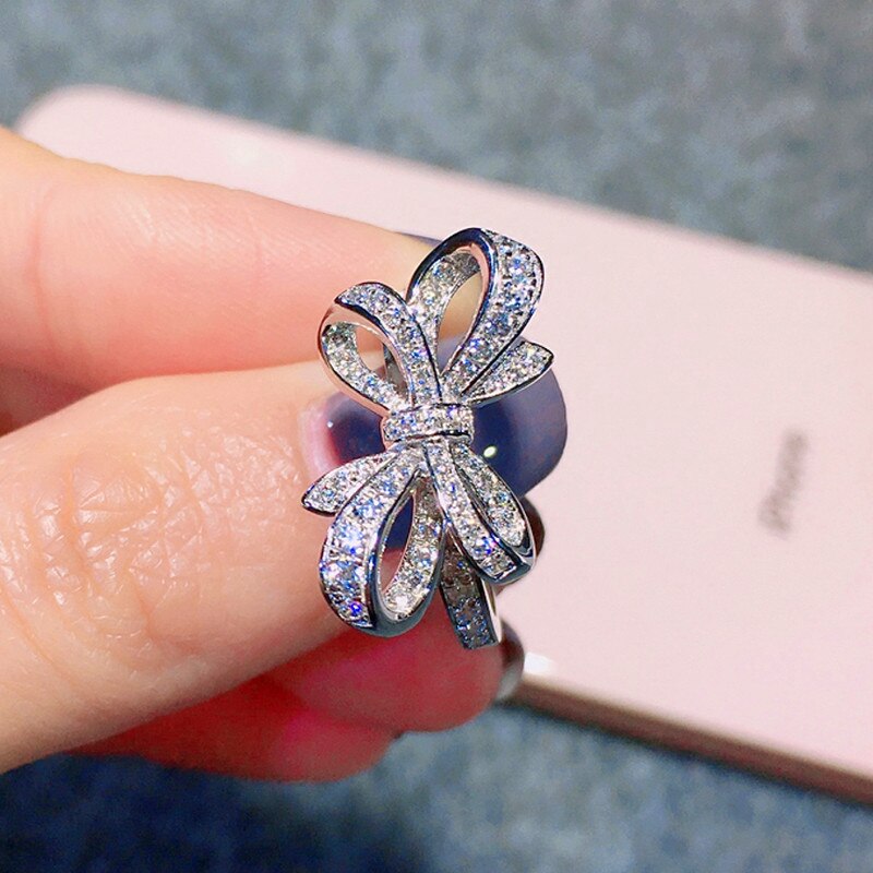 Luxus Weibliche Schmetterling Bowknot Hochzeit Ringe Elegante Silber Farbe Liebe Finger Ring Versprechen Zirkon Engagement Ringe Für Frauen