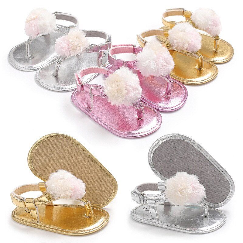 Baby flickor sommar andas rund fluff dekoration skor anti-halk flip flop nyfödd sandaler 0-18m