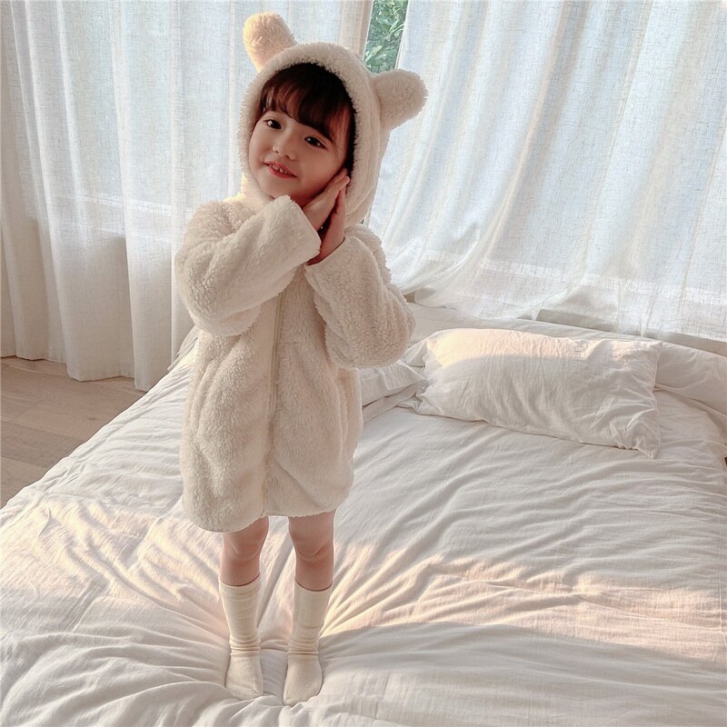 Spring Kids Meisjes Nightgowns Lange Mouwen Losse Dikke Fluwelen Leuke Nachtkleding Gewaad Jurk Voor Kinderen E413: beige / 80cm