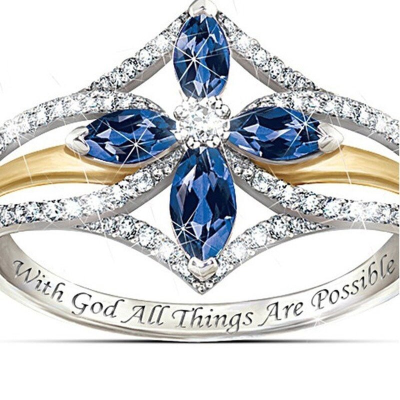 Mariage Wedding Cross Ringen Voor Vrouwen Mode Blue Crystal Zircon Engagement Rings White Gold & Geel Goud Kleur Bruiloft Sieraden