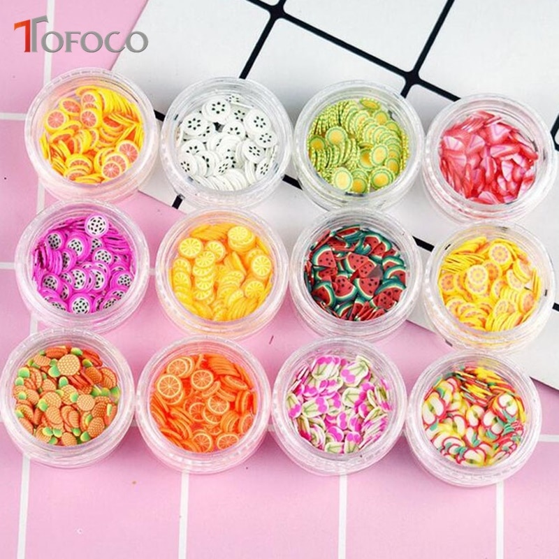 TOFOCO 12 Type/Set Fruit Plakjes Filler Voor Nagels Tips/Ballen Slime Fruit Voor Kids Lizun DIY accessoires Leveringen Decoratie