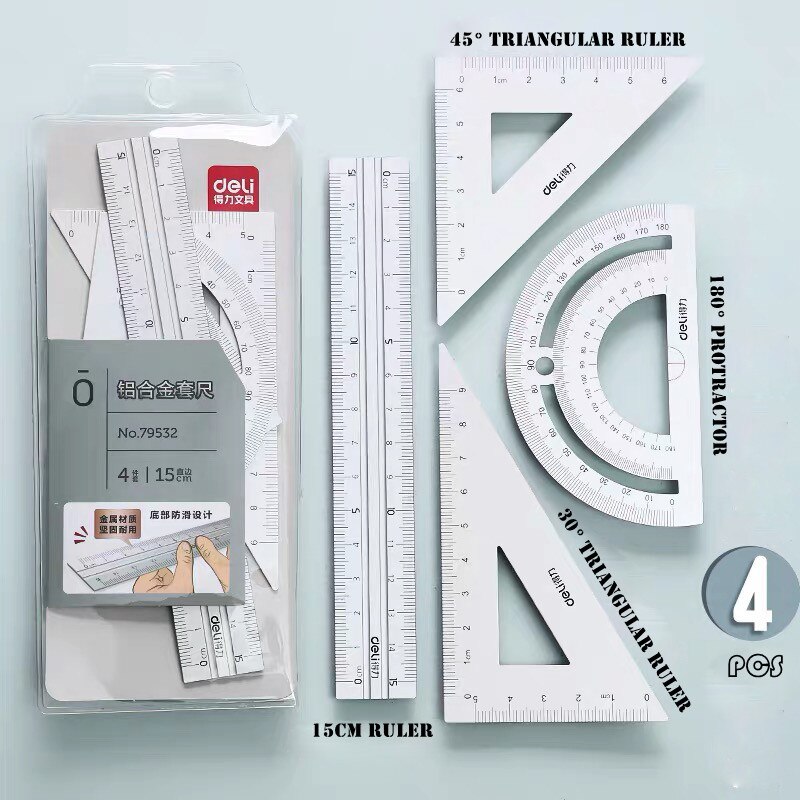 Deli Aluminium Ruler Set 4pcs/set Metal Geometry Maths Drawing compass DIY stationery Rulers mathematical for School 79532