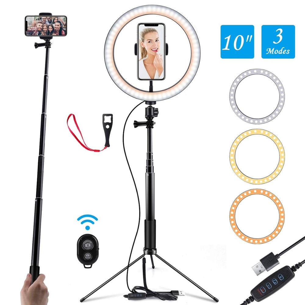 Handheld & Tripod 3 in 1 Extendable Monopod Phone Selfie Stick Ring Light with Wireless Remote Shutter Beauty Dimmable Ring Lamp