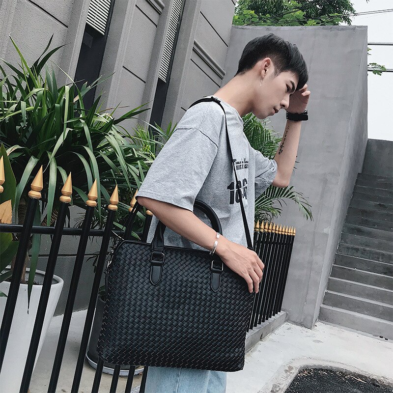 Brand Men's Handbag Leather Handmade Woven Breifcases Large Capacity Laptop Shoulder Bags for Men A4 Documents Tote Man