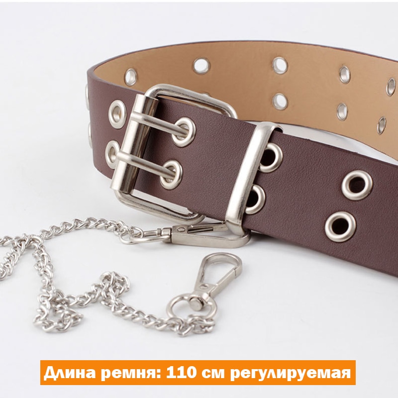 Women Double Hole Chain Waist Belt for Jeans Metal Waist Punk Luxury Pin Buckle Belts PU Leather Style Decorative