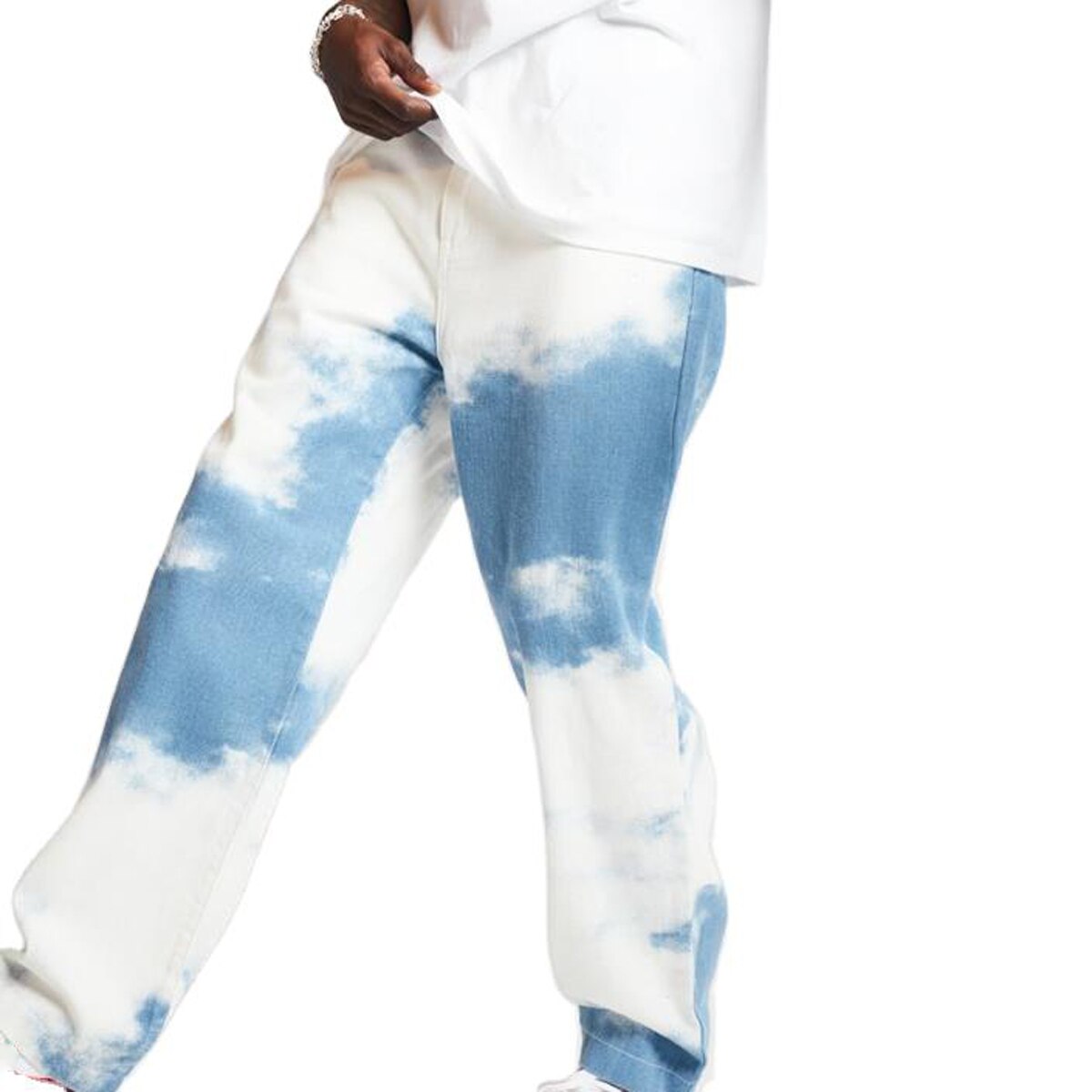 Men Stylish Tie-Dye Printed Jeans Mid Waist Wild Loose Leg Long Pants Casual Washed Straight Denim Trousers