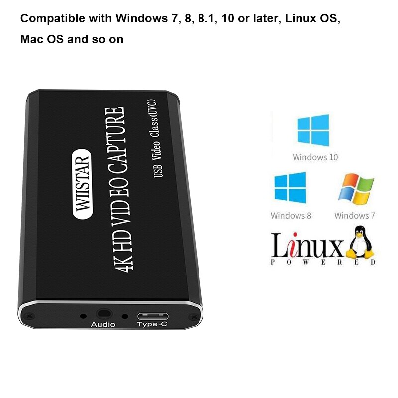 Video capture card grabber hd til type-c / usb c / usb 2.0 1080p 30 fps spiladapter med hdmi loop output til windows linux os