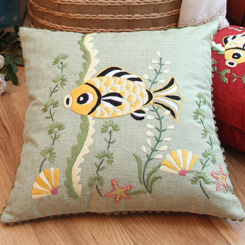 Kits de bordado de flores de pez, fundas de almohada de cáñamo, kits de punto de cruz, artesanías hechas a mano, costura, arte, decoración del hogar