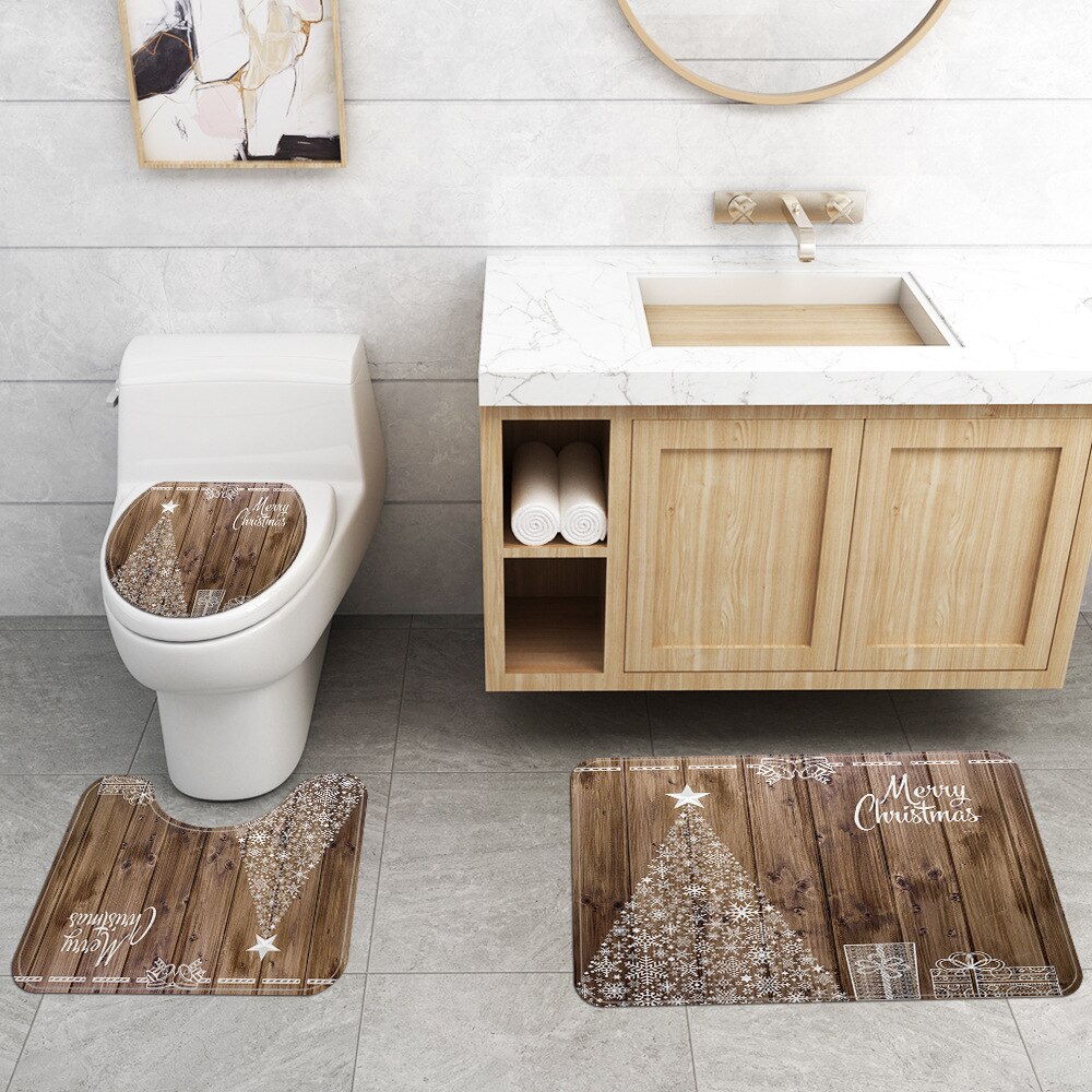 Merry Christmas Shower Curtain Set Bath Mats Rugs Christmas Tree Deer Anti Slip Pads Toilet Cover Bathroom Curtains with Hooks: C 3PCS