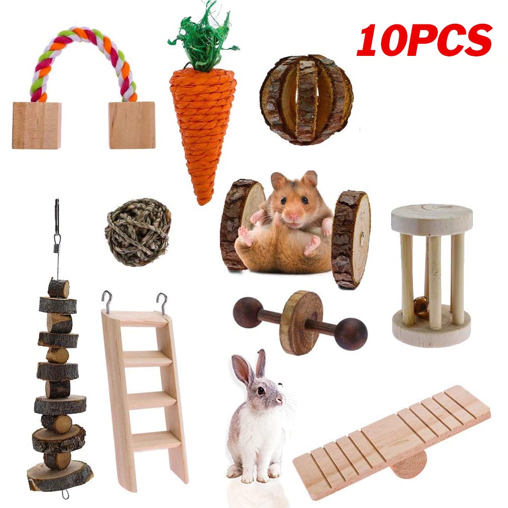 10 stk / sæt kæledyr hamster naturligt træ tygle legetøj chinchilla bur tilbehør kanin legetøj træ håndvægt træning klokke rulle: 10 stk