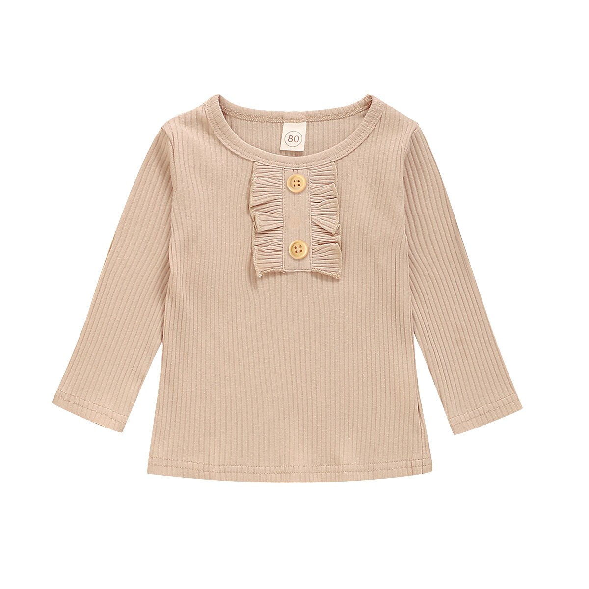 Herfst Winter Gestreepte Baby Meisjes Lange Mouw T-shirt Effen Kleur Ruche Decoratie Knop Klassieke Ronde Hals Lente Kleding: B / 80