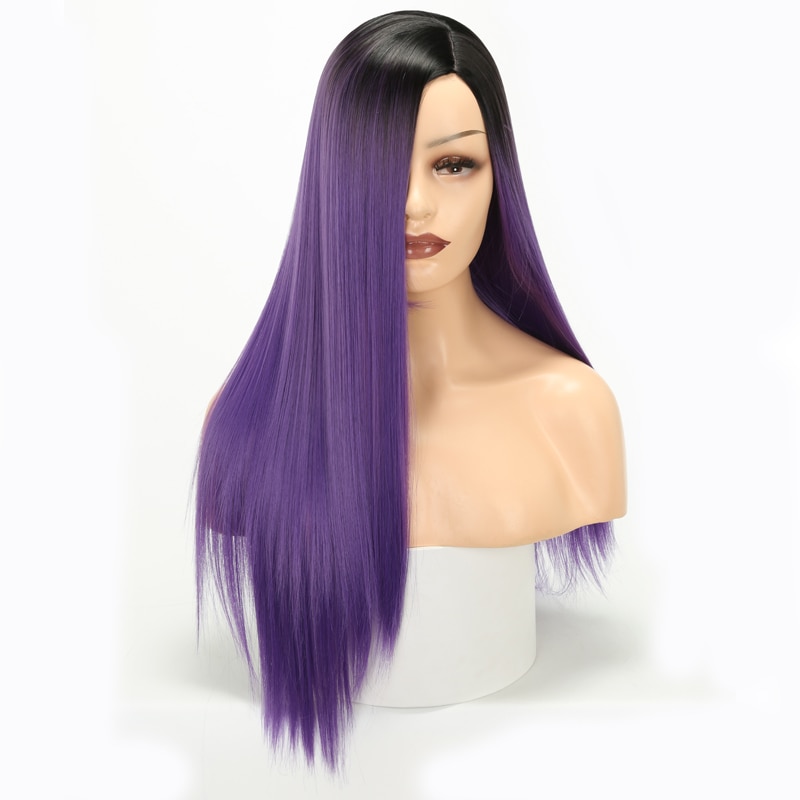 Lisi hår sort ombre lilla grøn paryk lange lige parykker syntetiske parykker til sorte kvinder kemisk fiber paryk 26 tommer