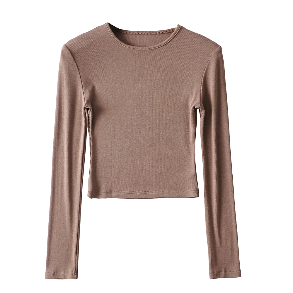 O-hals ensfarvede kvinder langærmede korte toppe sexet pullover bundbluser t-shirt crop top: S / Brun